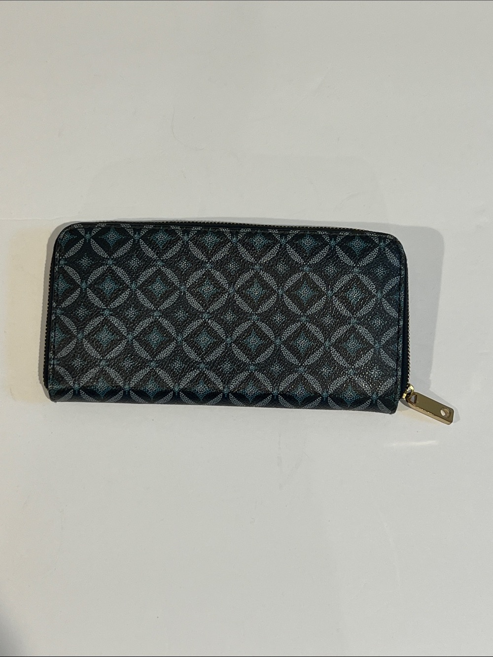 Fossil Black/Blue Geometric Zip Wallet with Gold Hardware